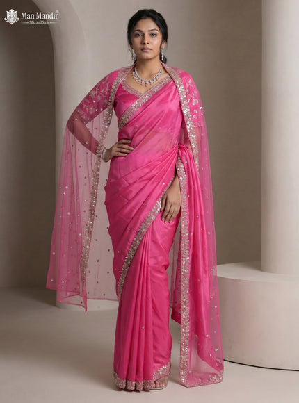 Rani Pink Satin Crepe Designer Saree With Sequins Readymade Blouse