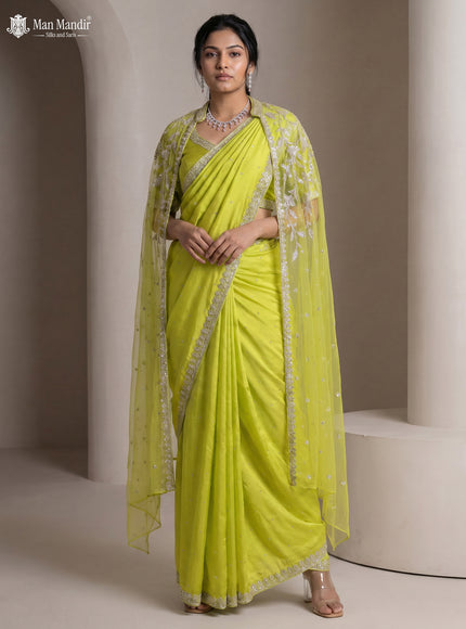 Fluorescent Green Satin Crepe Designer Saree With Sequins Readymade Blouse