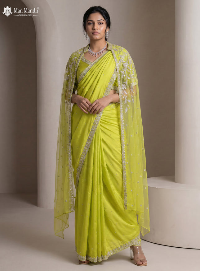 Fluorescent Green Satin Crepe Designer Saree With Sequins Readymade Blouse