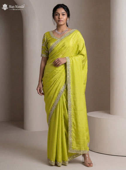 Fluorescent Green Satin Crepe Designer Saree With Sequins Readymade Blouse