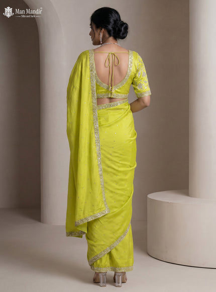 Fluorescent Green Satin Crepe Designer Saree With Sequins Readymade Blouse