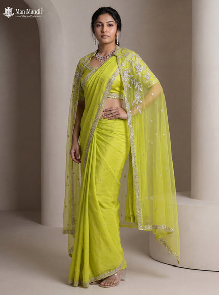 Fluorescent Green Satin Crepe Designer Saree With Sequins Readymade Blouse