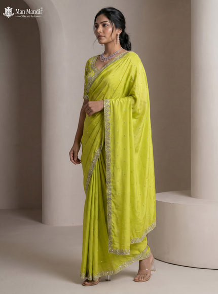 Fluorescent Green Satin Crepe Designer Saree With Sequins Readymade Blouse