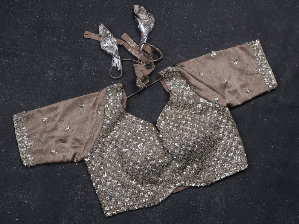 Grey Wrinkle Crepe Designer Saree With Embroidery Readymade Blouse