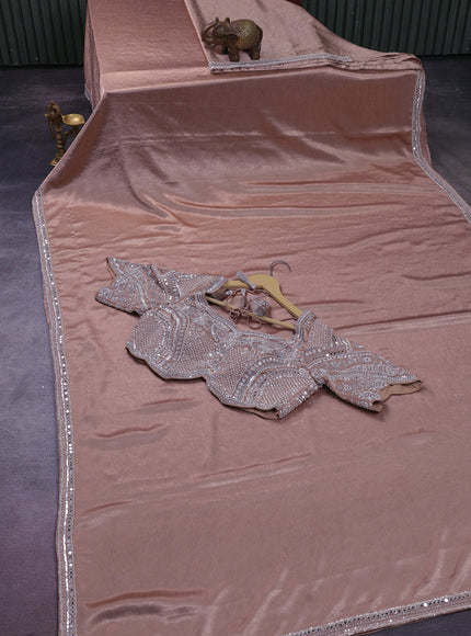 Rose Gold Wrinkle Crepe Designer Saree With Embroidery Readymade Blouse