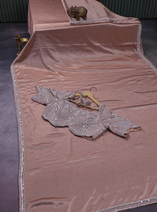 Rose Gold Wrinkle Crepe Designer Saree With Embroidery Readymade Blouse