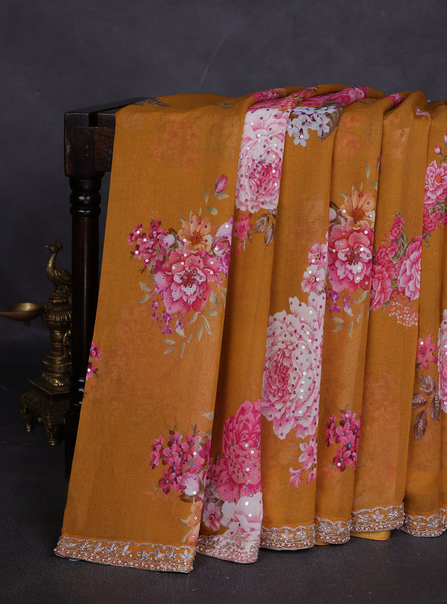 Mustard Georgette Designer Saree With Embroidery Readymade Blouse