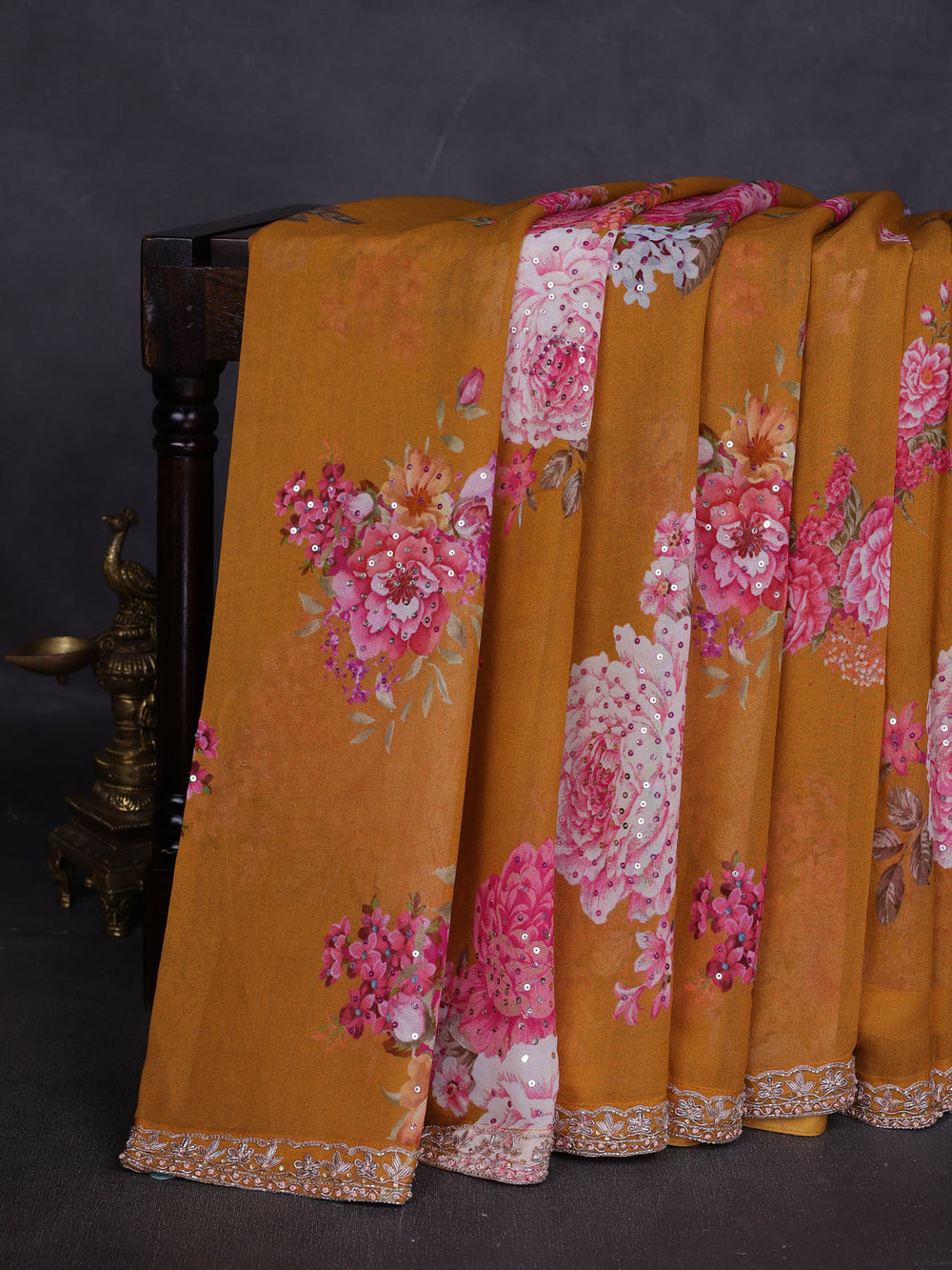 Mustard Georgette Designer Saree With Embroidery Readymade Blouse