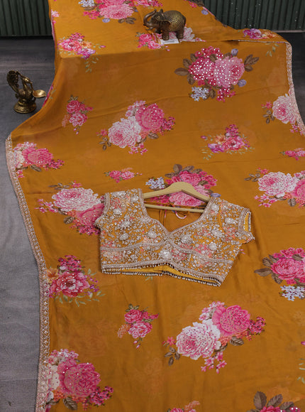 Mustard Georgette Designer Saree With Embroidery Readymade Blouse
