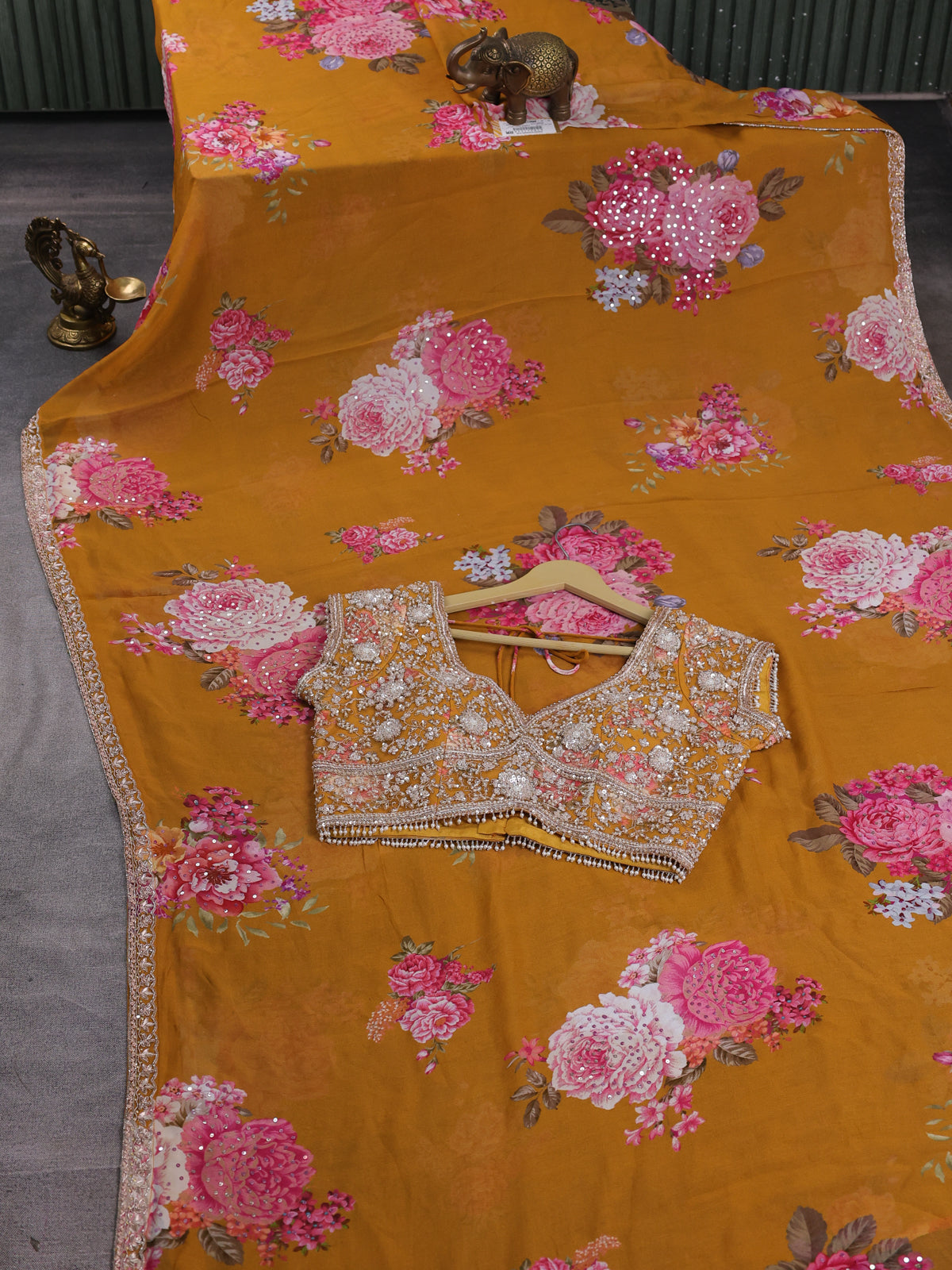 Mustard Georgette Designer Saree With Embroidery Readymade Blouse