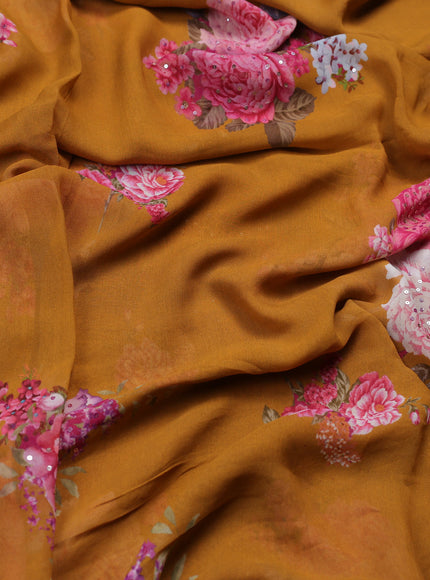 Mustard Georgette Designer Saree With Embroidery Readymade Blouse