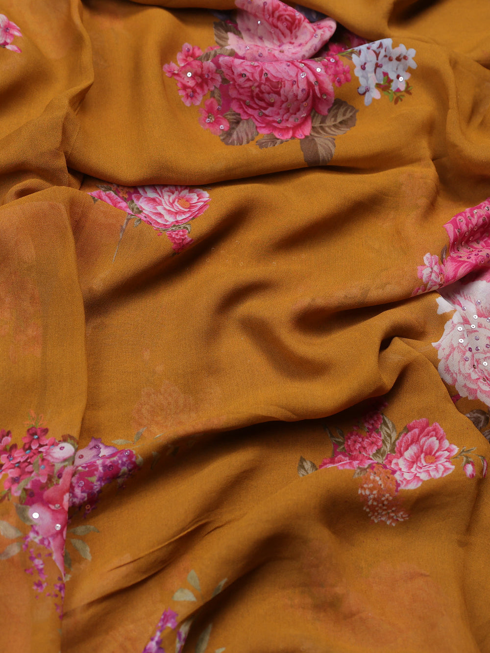 Mustard Georgette Designer Saree With Embroidery Readymade Blouse