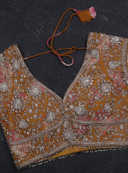 Mustard Georgette Designer Saree With Embroidery Readymade Blouse