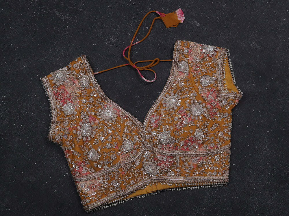 Mustard Georgette Designer Saree With Embroidery Readymade Blouse