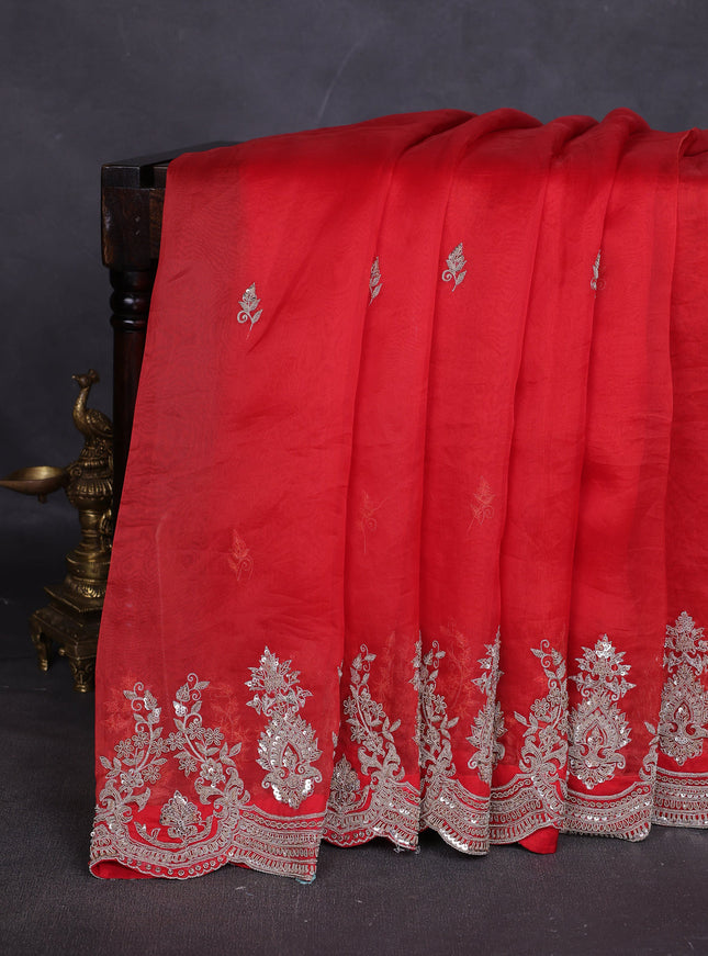 Red Organza Designer Saree With Embroidery Readymade Blouse