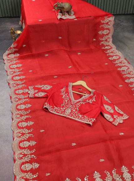 Red Organza Designer Saree With Embroidery Readymade Blouse