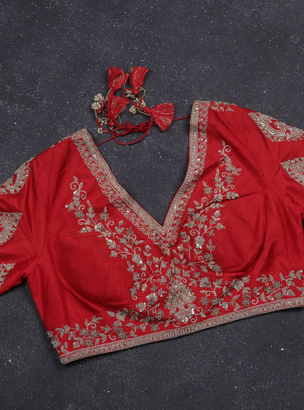 Red Organza Designer Saree With Embroidery Readymade Blouse