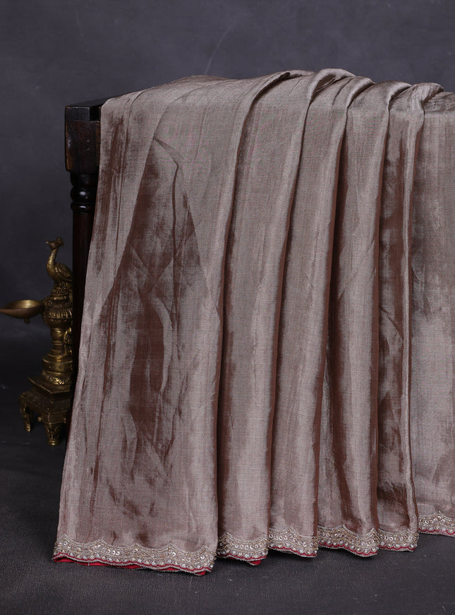 Grey Tissue Designer Saree With Embroidery Readymade Blouse