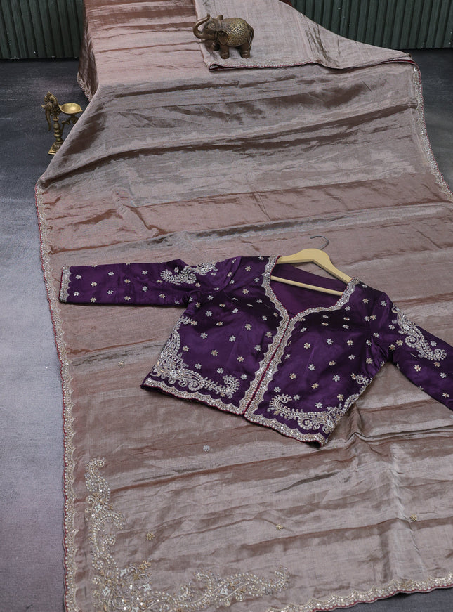 Grey Tissue Designer Saree With Embroidery Readymade Blouse