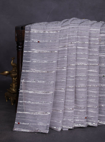 Grey Netted Designer Saree With Embroidery Readymade Blouse