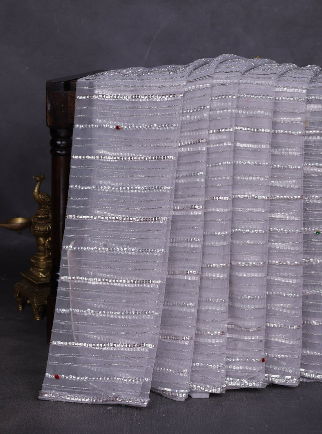 Grey Netted Designer Saree With Embroidery Readymade Blouse