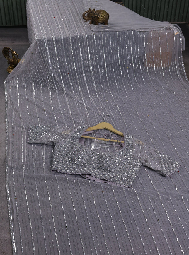 Grey Netted Designer Saree With Embroidery Readymade Blouse