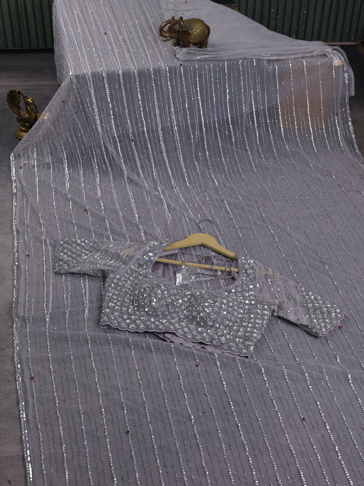 Grey Netted Designer Saree With Embroidery Readymade Blouse