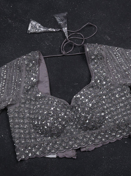 Grey Netted Designer Saree With Embroidery Readymade Blouse