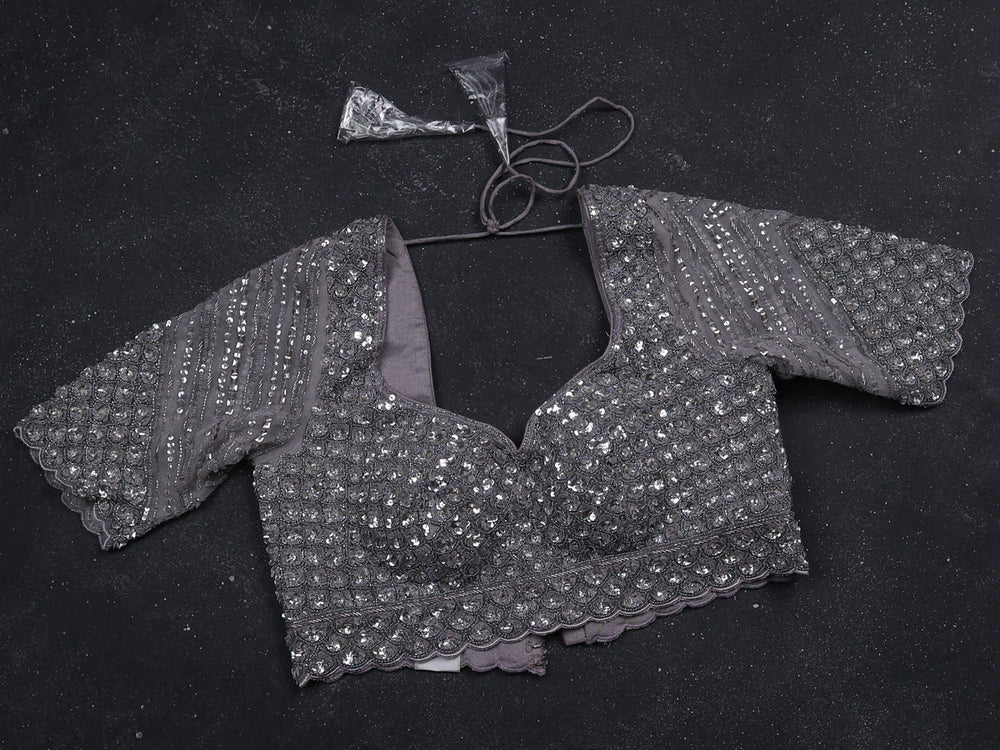 Grey Netted Designer Saree With Embroidery Readymade Blouse