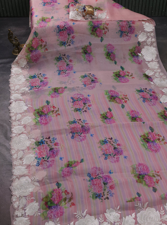 Light Pink Organza Embroidery Saree