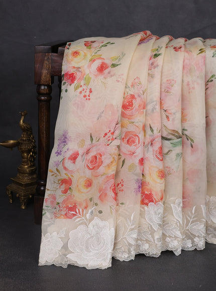 Pale Yellow Organza Embroidery Saree