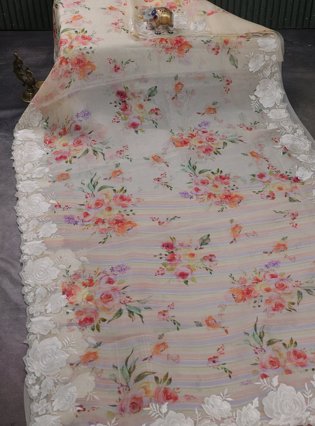 Pale Yellow Organza Embroidery Saree