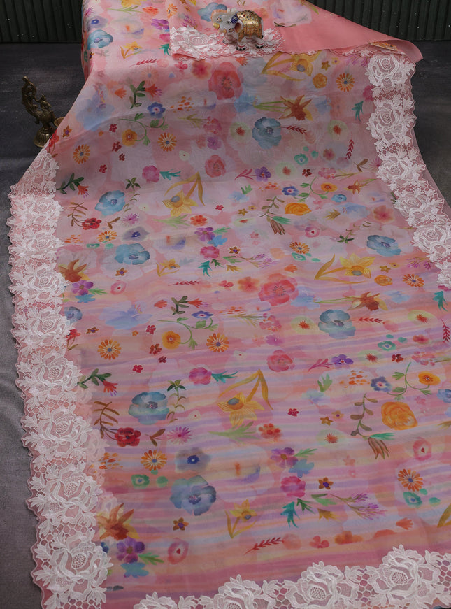 Peach Organza Embroidery Saree
