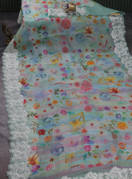 Sea Blue Organza Embroidery Saree