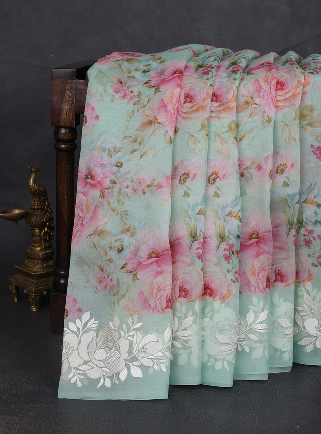 Sea Blue Organza Embroidery Saree