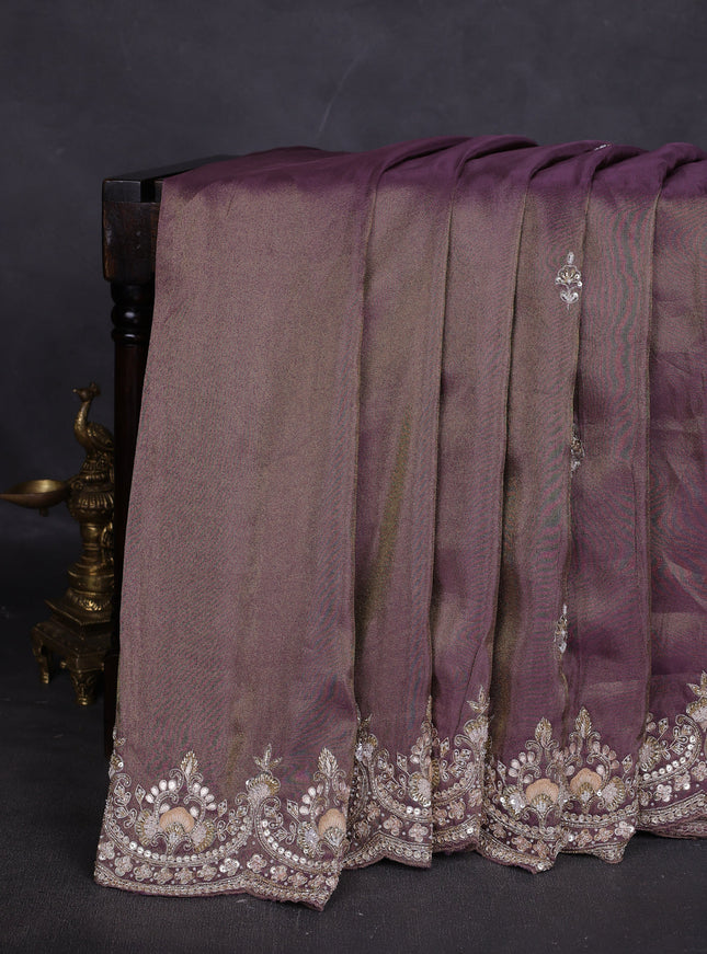 Dark Levender Georgette Tissue Embroidery Saree