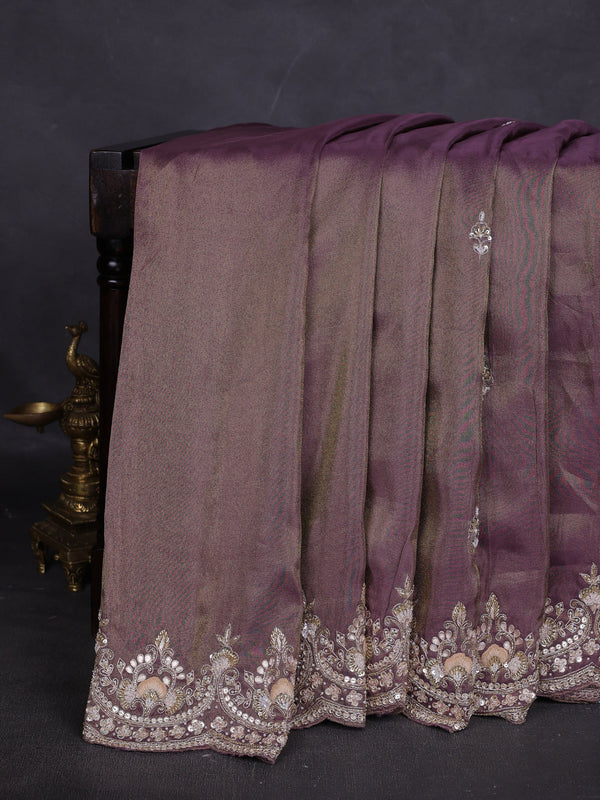 Dark Levender Georgette Tissue Embroidery Saree