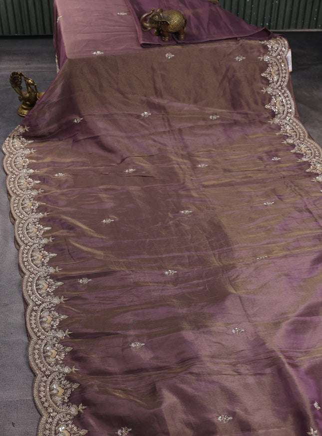 Dark Levender Georgette Tissue Embroidery Saree