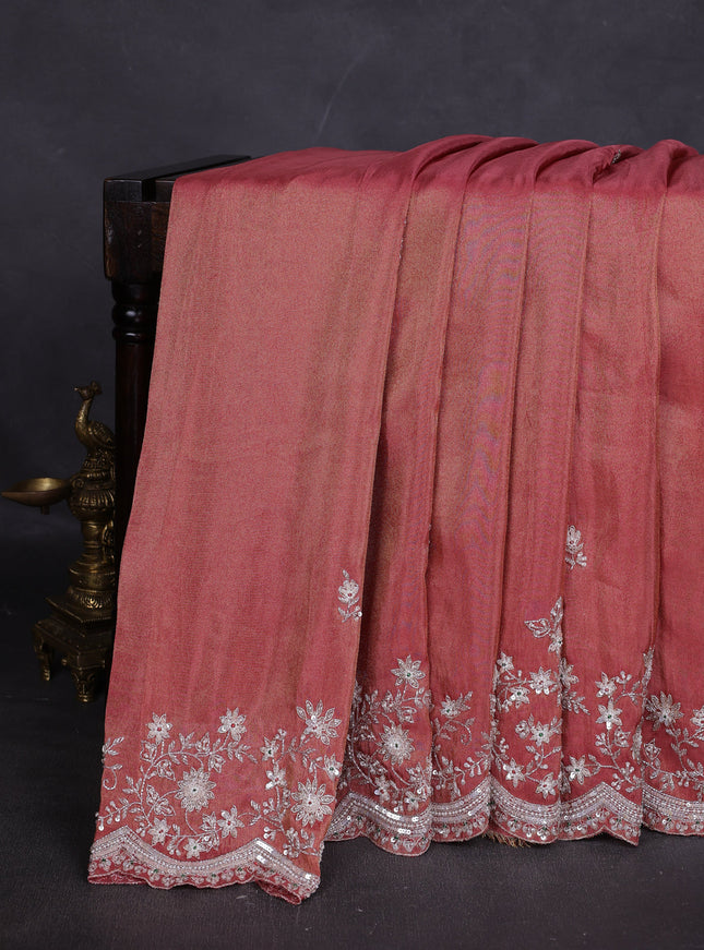 Brick Colour Georgette Tissue Embroidery Saree