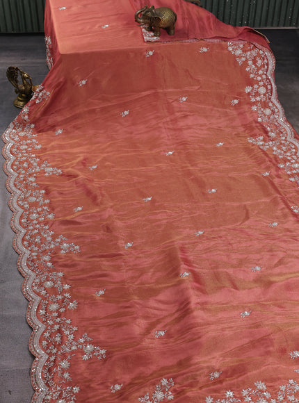 Brick Colour Georgette Tissue Embroidery Saree