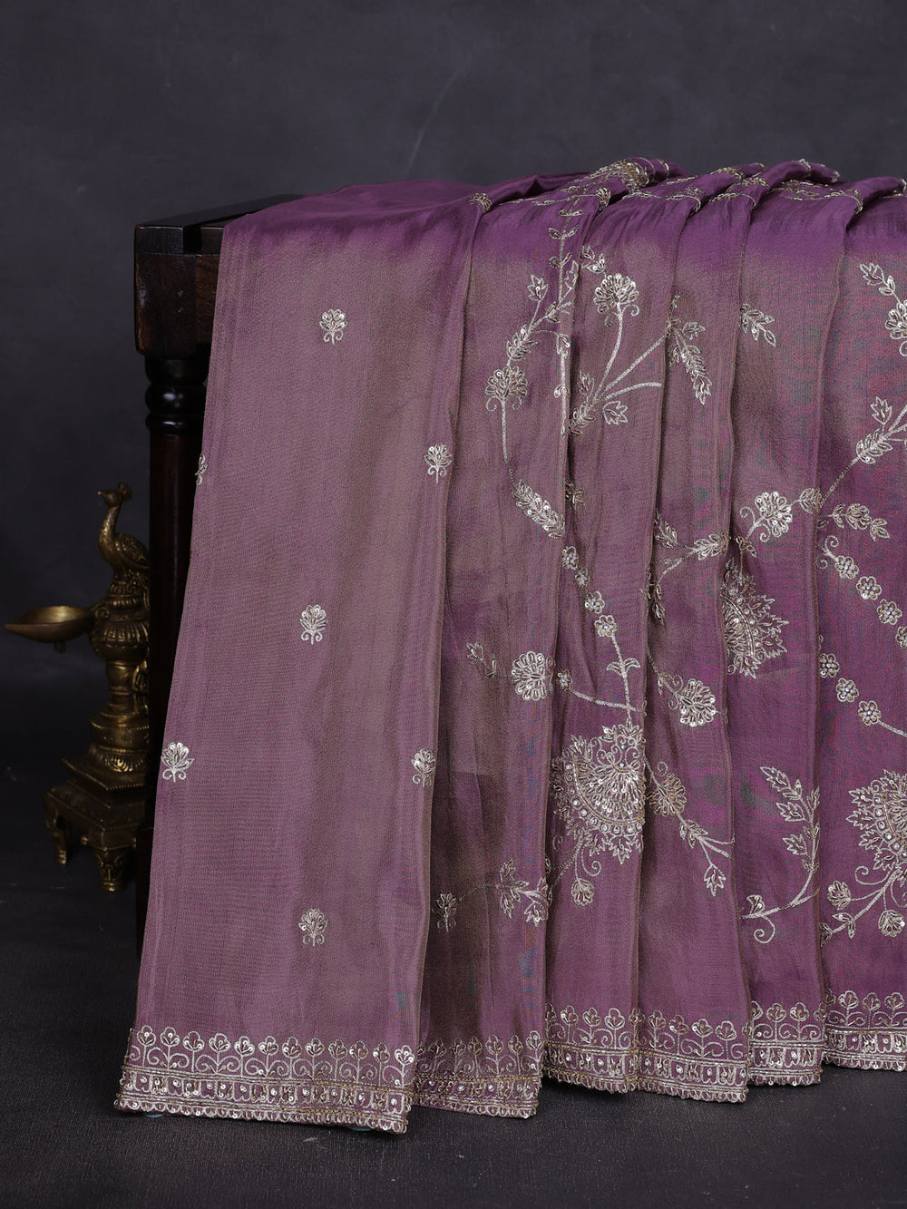 Dark Levender Georgette Tissue Embroidery Saree
