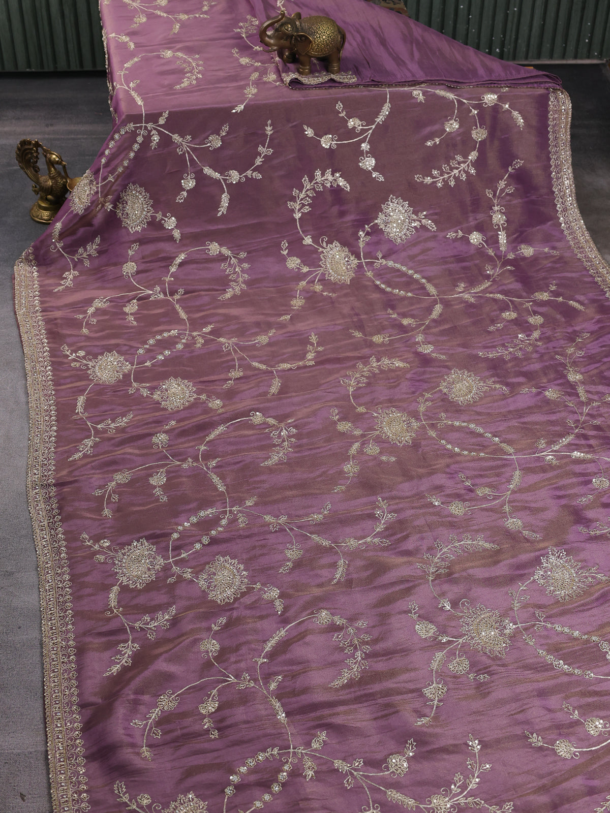 Dark Levender Georgette Tissue Embroidery Saree