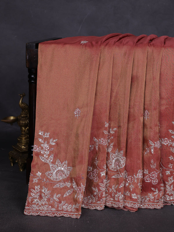 Brick Colour Georgette Tissue Embroidery Saree