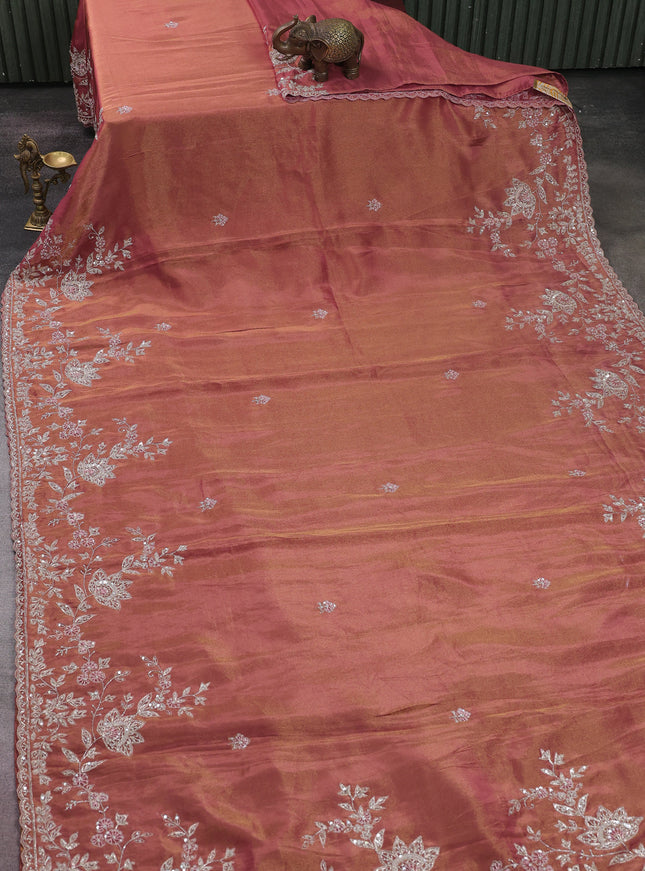 Brick Colour Georgette Tissue Embroidery Saree