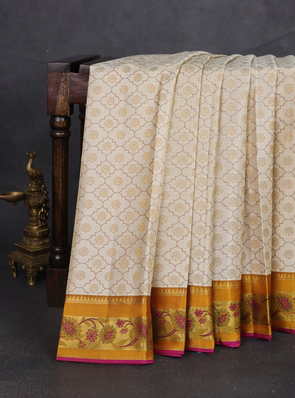 Cream -Pink Pure Kanchipuram Silk Saree