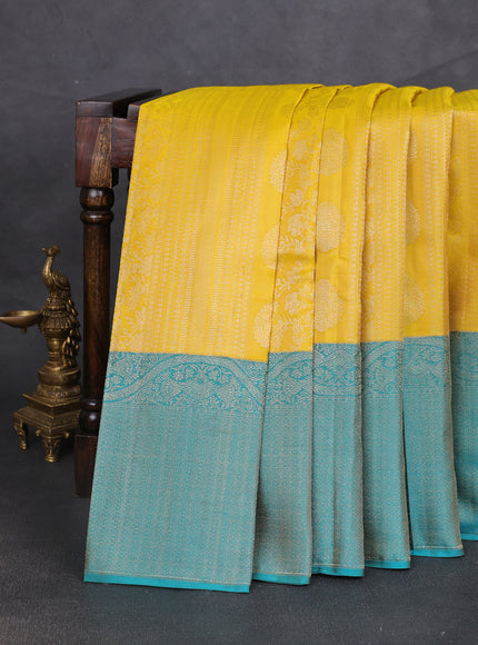 Yellow-Teal Blue Pure Kanchipuram Silk Saree