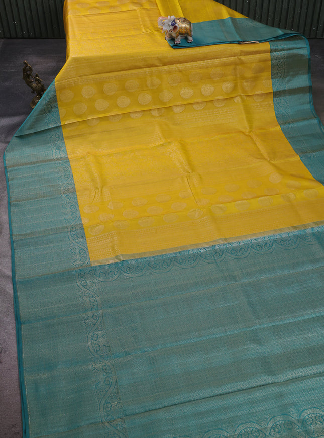Yellow-Teal Blue Pure Kanchipuram Silk Saree