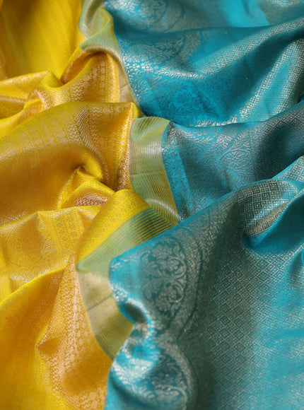 Yellow-Teal Blue Pure Kanchipuram Silk Saree