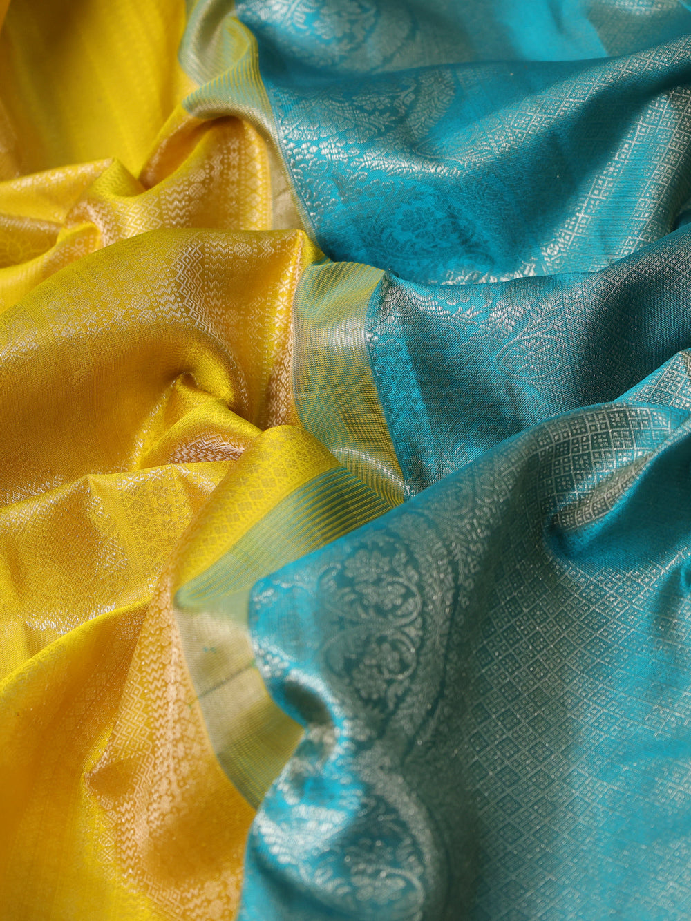 Yellow-Teal Blue Pure Kanchipuram Silk Saree