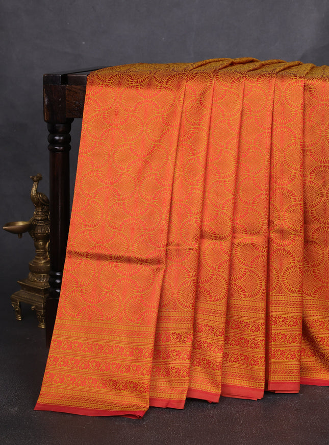 Mustard Yellow - Red Banarasi Tanchoi Silk Saree